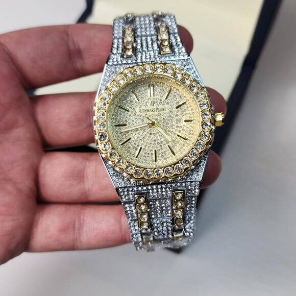 Two-Tone Gold & Silver Iced Out Men’s Watch – Fully Encrusted Luxury Bling Timep - Picture 3 of 5